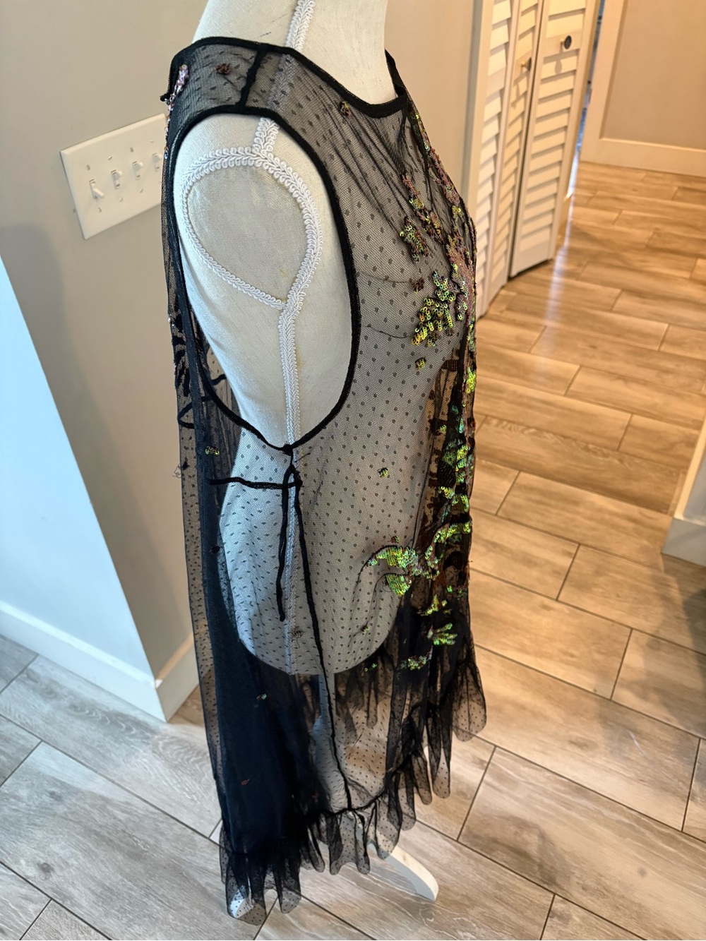 Free People Festival Black Sheer Mesh Dress with Green Sequin Embroidery, boho - Picture 9 of 11